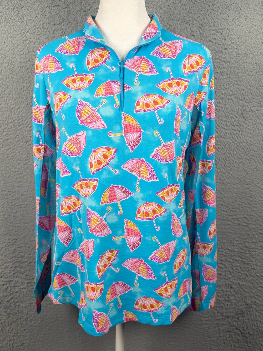 IBKUL Top Womens Medium Blue Umbrella Printed 1/4 Zip LS Mesh Golf UPF 50+